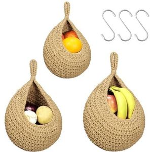 MDDK DY 3 stuks hangende fruitmand, hangende fruit- en groentemand, handgevlochten jute wandmand in de vorm van een waterdruppel, hangende opbergmand voor keuken, woonkamer, veranda