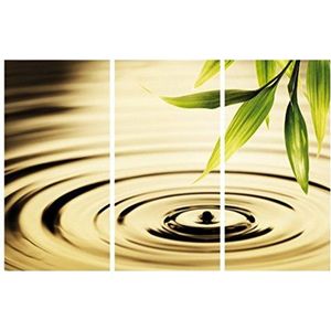 1art1 Water Poster Kunstdruk Op Canvas Water Circles, Dew Drop Falling From Bamboo Leaves, 3 Parts Muurschildering Print XXL Op Brancard | Afbeelding Affiche 120x80 cm