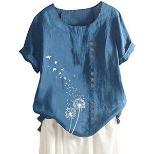 Kanpola linnen blouse dames zomer herfst oversized print T-shirts lange mouwen & korte mouwen losse ronde hals bovenstuk, L-blauw, 3XL