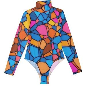 LI ZHI XIN Rompertje met lange mouwen voor dames, lange mouwen, jumpsuit met hoge hals, coltrui, turnpakje, top voor meisjes, dans, workout, fitness, bodysuit, abstract vintage patroon, Meerkleurig, S