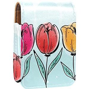 Hand getrokken bloemen tulp rode pin oranje draagbare lippenstift geval voor reizen, mini lippenstift opbergdoos met spiegel voor vrouwen dames, lederen cosmetische etui, Meerkleurig, 9.5x2x7 cm/3.7x0.8x2.7 in