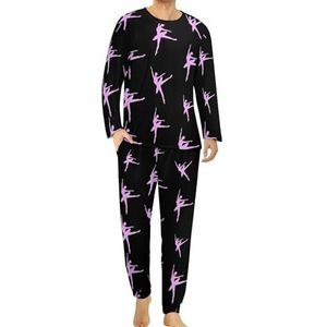 Cartoon dansen ballet comfortabele heren pyjama set ronde hals lange mouwen loungewear met zakken XL