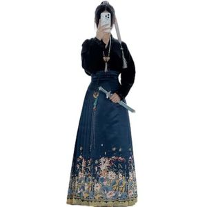Chinese rok met paardengezicht, Chinese stijlrok, Hanfu Chinese Fashion Hanfu Horse Face Skirt + Shirt Sets Women Chinese Traditional Vintage Hanfu Modern Chinese Style Clothing (Color : Blu, Size :