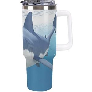 RTFGHJS 40 oz Tumbler Witte haai geïsoleerde beker reizen koffiemok met rietje deksel roestvrij stalen waterfles vacuüm geïsoleerde beker voor sport werk auto reizen weekends