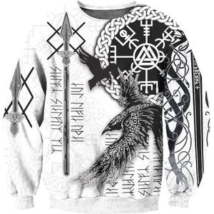 Odin Raven Tattoo Pullover Sweatshirt, Scandinavisch 3D Digitaal Printen Vegvisir Klassieke Harajuku Hoodie, Viking Heren Herfstmode Lange Mouw Casual Rits Top(Color:White Round Neck,Size:3XL)