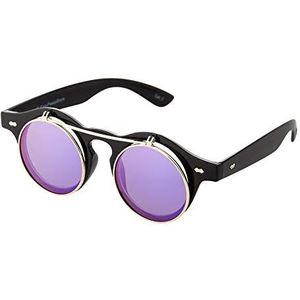 Ultra Steampunk Flip Up Zonnebril Ronde Bril Retro Goggles Heren Dames UV400, Zwart met paarse lenzen, S