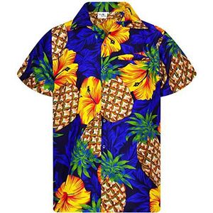 Funky Hawaiiaans Overhemd, Hawaii-Overhemd, Korte Mouw, Pineapple Hibiscus, Blauw, M