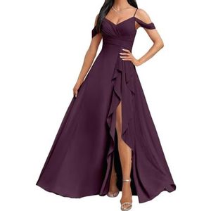HPPEE Koude Schouder Bruidsmeisjes Jurken met Split Ruches A-lijn Chiffon Formele Avondfeestjurk, Pruim, 32