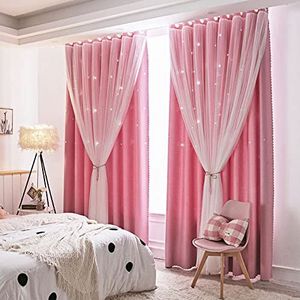 Dubbellaags Verduisterende Gordijnen, Transparant Voile Warmtewerend Gordijn Lichtdoorlatend Privacy Decoratief Ooggordijn Raamsjaal voor Kinderkamer Meisjes Jongen, 1 Panelen-roze-200x270cm