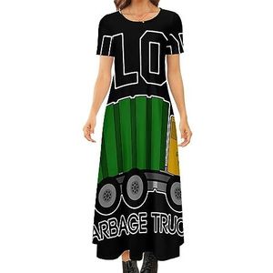 I Love Garbage Trucks dames zomer casual korte mouwen maxi-jurk ronde hals bedrukte lange jurken 4XL