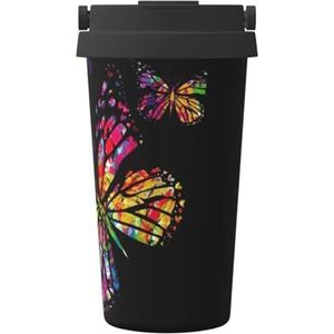 Kleurrijke vlinder print geïsoleerde koffiemok Tumbler,500ml reizen koffiemok, voor reizen kantoor auto partij camping