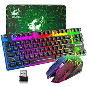Draadloze gaming-muis en toetsenbordcombinatie, 87 toetsen regenboog led-achtergrondverlichting 3800 mAh oplaadbare batterij, mechanisch gevoel, waterdicht, RGB (zwart)