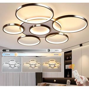 YYUTLUO Moderne LED Plafondlamp, Ø110cm Zwarte Multi-Cirkellamp, 120W Traploos Dimbaar 3000-6000K, Rond Metaal + Acryl Kroonluchter, Slaapkamer Wonen Kinderen Kantoor Studeerkeuken Hal (7 Ringen)