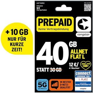 congstar - Prepaid Allnet L - Simkaart - 15 GB LTE - Telefonie & SMS Flat