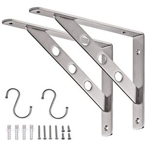 YUMORE Heavy Duty Plank Beugel 250x180mm Driehoek Rekken Beugels Rvs Rechte hoek Drijvende Aanrecht Ondersteuning Gezamenlijke Hoekbeugels Muur gemonteerd, met 2X S Haken, Max Belasting 350 LB, 2 stks