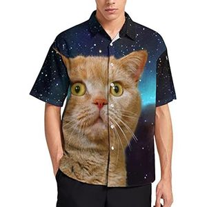 Star Cat T-shirt met korte mouwen voor heren, casual button-down, zomer, strand, top met zak