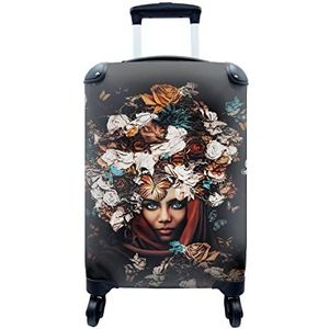 MuchoWow® Koffer - Bloemen - Vlinder - Vrouwen - Hoofddoek - Past binnen 55x40x20 cm en 55x35x25 cm - Handbagage - Trolley - Fotokoffer - Cabin Size - Print