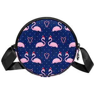 Ronde Crossbody Tas Messenger Purse voor Vrouwen Flamingo Kerst Blauw, Meerkleurig, 6.7x6.7x2.3 in, Sling Rugzakken