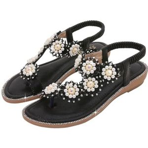 Xytraiihw Damessandalen, zomerse casual platte sandalen met clipneus elastische band met parels strandschoenen comfortabele lichtgewicht comfortabele slippers voor bruiloften,zwart,36 EU