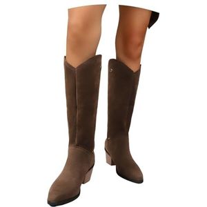 Retro Western Cowboylaarzen Dames Lange Laarzen Met Blokhak Suède Enkellaarsjes Met Spitse Neus Dames Brede Buis Instapschoenen for Werk, Platteland, Rodeo's(Brown,43 EU)