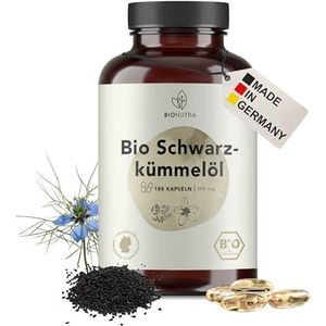 BIONUTRA® Zwarte komijnolie bio capsules hooggedoseerd, 1000 mg/dag, residugecontroleerd, Duitse productie, vegan, Egyptische bio zwarte komijnolie koudgeperst, 180 stuks x 500 mg