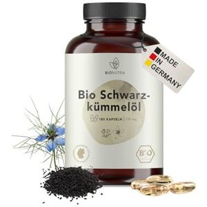 BIONUTRA® Zwarte komijnolie bio capsules hooggedoseerd, 1440 mg/dag, residugecontroleerd, Duitse productie, vegan, Egyptische bio zwarte komijnolie koudgeperst, 180 stuks x 720 mg
