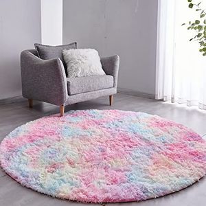 VOFUSHON Vloerkleed, rond, hoogpolig, tapijt, woonkamer, tapijt, langpolig, pluizig hoogpolig, slaapkamer, bedkleed, buitentapijt ( 150 cm rond, regenboog)
