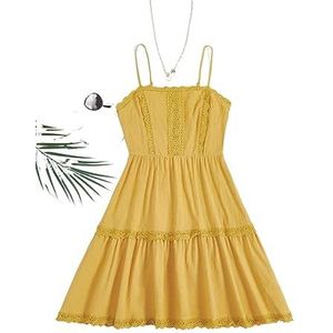 jurken voor dames Cami-jurk met gele guipurekant en ruches aan de zoom (Color : Yellow, Size : XL)