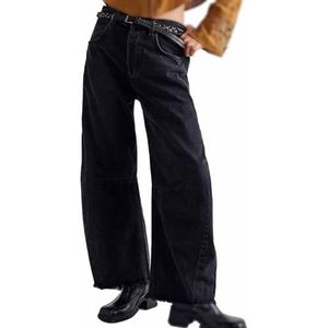 Barrel Jeans Dames, Vintage Baggy Wide Leg Jeans Barrel Horseshoe Boyfriend Cropped Raw Zoom Denim Pant(Color:Black,Size:L)