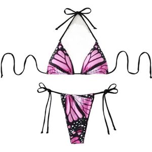 XPJYUA Bikini voor dames, sexy bikiniset met vlinderprint, micro-bikiniset, tweedelig, badpakken, strandkleding, Paars., L