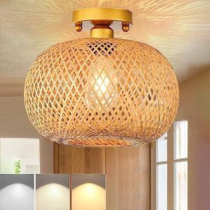 KZT Rotan Lamp Vintage Plafondlamp Dimbaar Retro Bamboe Houten Lampenkap Plafonniere E27 Industrieel Hangende Lamp voor Keuken Hal Woonkamer Slaapkamer Eetkamer Rustiek Kroonluchter