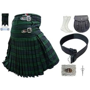 AAR Schotse kilt voor heren, 8 stuks, set 13 oz Highland Tartans sokken, riem, gesp, kilt pin sporran, Zwart Horloge Tartan, Waist at navel 38"" Length 24