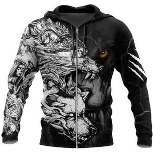 Fenrir Wolf Tattoo hoodie Voor Heren, 3D Volledige Print Nordic Harajuku Modieus Casual Sweatshirt met Rits, Herfsttrui met Trekkoord en Grote Zak in de Herfst(Color:Zip Hodie,Size:5XL)