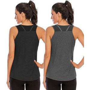 Nekosi Dames yoga fitness tank top los meisjes sportshirt training jogging running shirt mouwloos mesh rug sportkleding, 01, zwart en grijs, M