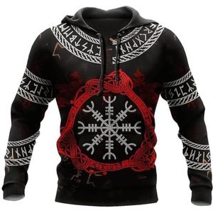 Unisex Nordic Ouroboros Sweatshirt met Ronde Hals, Retro 3D-geprinte Kompastattoo Viking trui, Herfstmodieus Los Kangoeroe-sweatshirt met Grote Zak en Rits(Color:Pullover Hoodie,Size:XL)