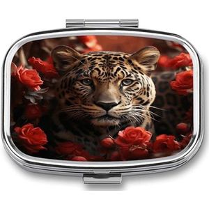 Rode Roos en Tijger Pillendoos Pil Organizer Pil Case 2 Compartiment Geneeskunde Pil Organizer Kleine Pil Case Pil Container Pillenhouder Leuke Pillendoos Mini Pillendoosje