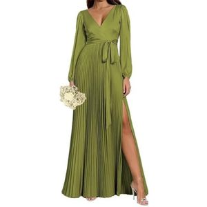 WSEYU Satijnen bruidsmeisjesjurk voor dames, met split, galajurken, plooien, cocktailjurk, grote maten, Olijfgroen, 32