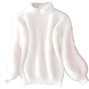 CHUSHEN Dames casual kabel gebreide trui lange mouw ronde hals effen kleur dikke trui kasjmier losse effen kleur gebreide trui, vintage angora trui voor vrouwen (wit, één maat), Wit