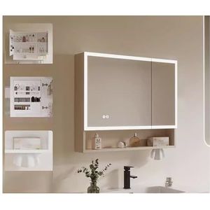 Medicijnkastje met spiegeldeuren, badkamerspiegelkast, led medicijnkastje, moderne opbergkast boven het toilet for de badkamer, anticondens, met spiegelachterkant(Beige,W80*H70cm/W31.4*H27.5in)