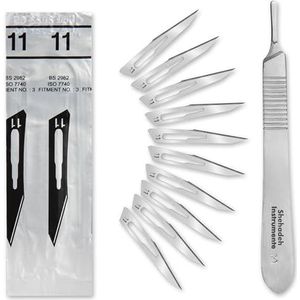 Set - 10 stuks scalpelmessen figuur 11 van koolstofstaal - reservemesjes afzonderlijk steriel verpakt + 1 x Shehadeh - scalpelhouder - roestvrij staal