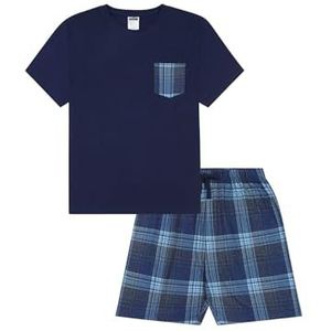 ThePyjamaFactory Jongens Marineblauwe Korte Tartan Check Bottoms Pyjama Set Pjs Voor Kinderen, Blauw, 12-13 jaar