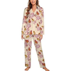 Kersenbloesem Goudvis Vrouwen Lange Mouw Button Down Nachtkleding Zachte Nachtkleding Lounge Pyjama Set XL