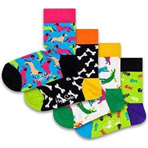 Happy Socks Cats & Dogs Gift Box, Kleurrijke en Leuke, Sokken voor kinderen, Geel-Zwart-Blauw 4 paar (0-12M)