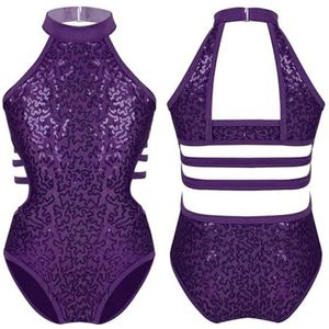 NUOYIXUAN Gymnastiekpak voor meisjes, met glanzende pailletten, danskleding, mouwloos, ruguitsnijding met tailleband, balletdanspak voor meisjes (paars, 12)