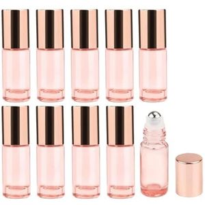 10 stuks roze glazen rolflessen, 5 ml rolflessen met roestvrijstalen rolbal en roségouden deksel, navulbare monsterflesjes voor etherische oliën, parfums, lippenbalsems, cosmetische vloeistof
