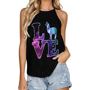 Love Llama Galaxy Tanktop voor dames, zomer, mouwloos, T-shirts, halter, casual vest, blouse, print, T-shirt, 3XL