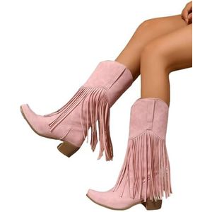 Hoge Laarzen for Dames Met Franjes Retro Western Cowboylaarzen Halfhoge Laarzen Met Vierkante Neus En Blokhak Herfst Winter Suède Laarzen Met Lange Schacht 2025 Lente Instappers(Pink,40 EU)