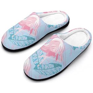 Flamingo En Hibiscus Patroon Katoenen Slippers Voor Vrouwen Warme Anti-Slip Rubberen Zool Huisschoenen Voor Indoor Hotel 9-10 (40-41)