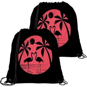 VAPOKF 2 stuks tassen met trekkoord, PE-gymtas, grote string zwemtrainertas, gepersonaliseerde tas met trekkoord voor school, sportschool, sport, reizen, flamingo's op vakantie, zonsondergang, strand