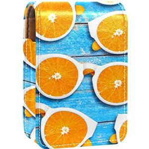 Draagbare Lipstick Case voor op reis, Mini Lipstick Opbergdoos met spiegel voor dames dames, lederen cosmetische etui zomerbril oranje, Meerkleurig, 9.5x2x7 cm/3.7x0.8x2.7 in